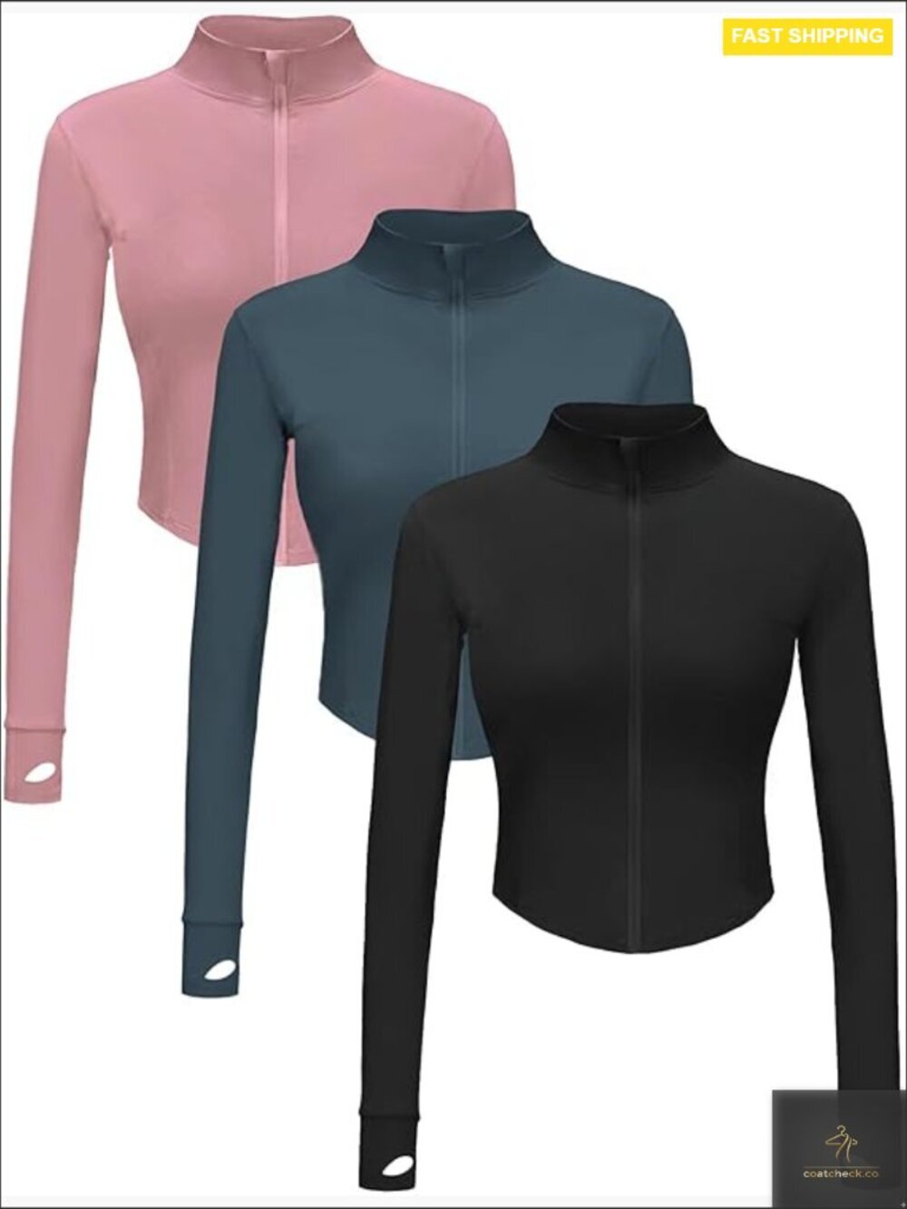 Cropped Full Zip Workout Jacket Slim Fit Athletic Gym Yoga Sports with Thumb